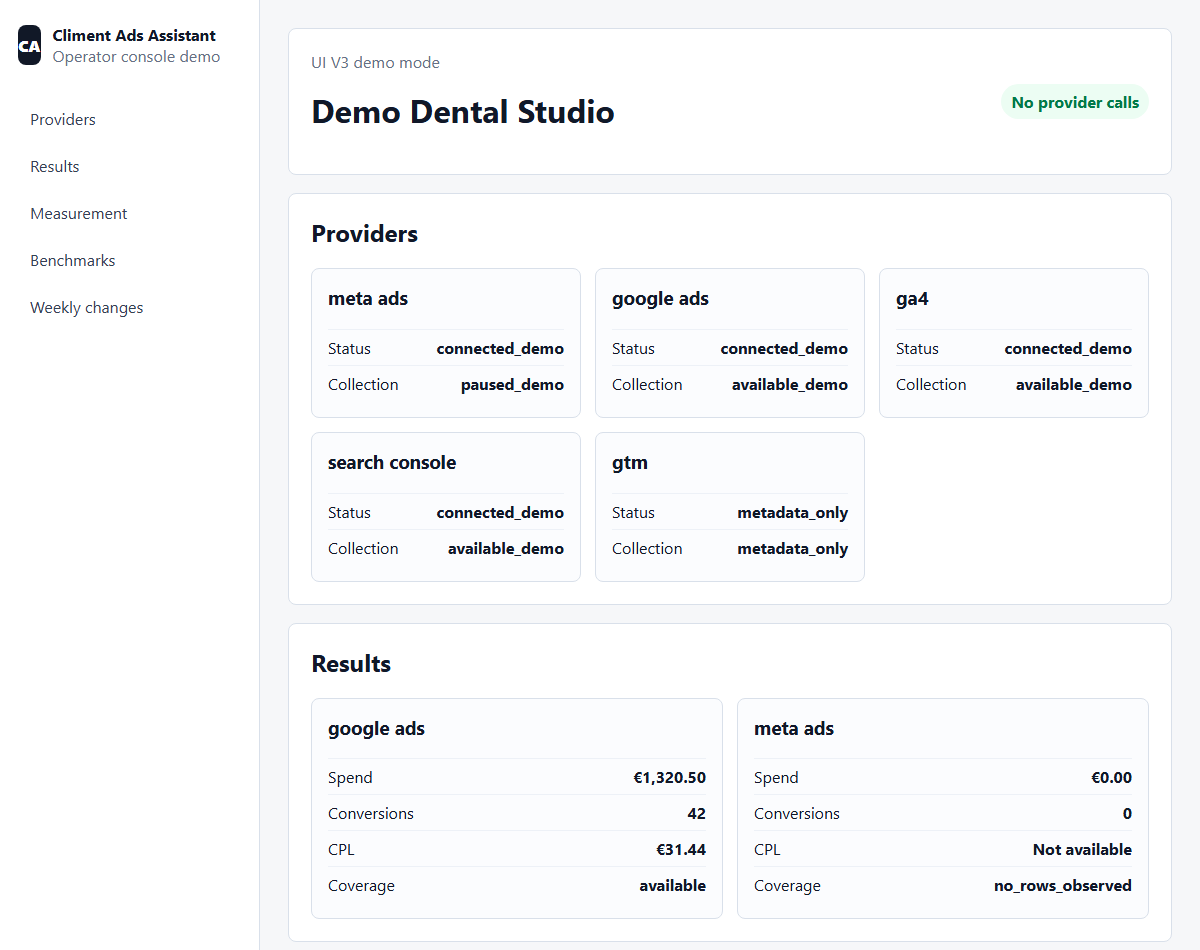 Climent Ads Assistant operator console in demo mode: a providers panel (Meta, Google Ads, GA4, Search Console, GTM) and a results panel, with synthetic data.